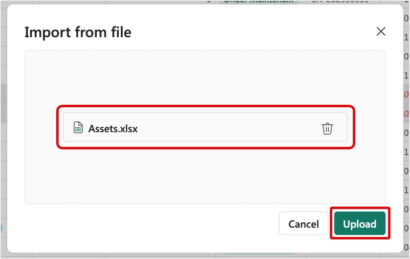 Screenshot of Import dialog showing the selected Assets.xlsx file with the Upload button highlighted.