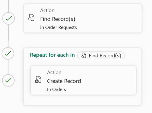 Screenshot of a repeating group block that creates record for each row item retrieved from the Find Record(s) action.