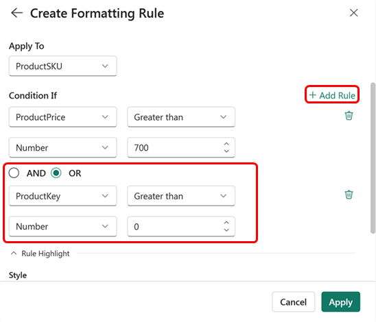 Screenshot of the add rule option in the create formatting rule side panel.