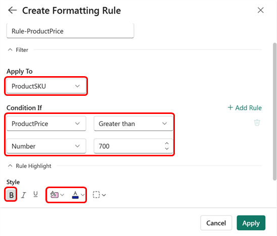 Screenshot of the conditional formatting rule configuration for a selected column.