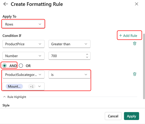 Screenshot of the conditional formatting rule configuration for rows.