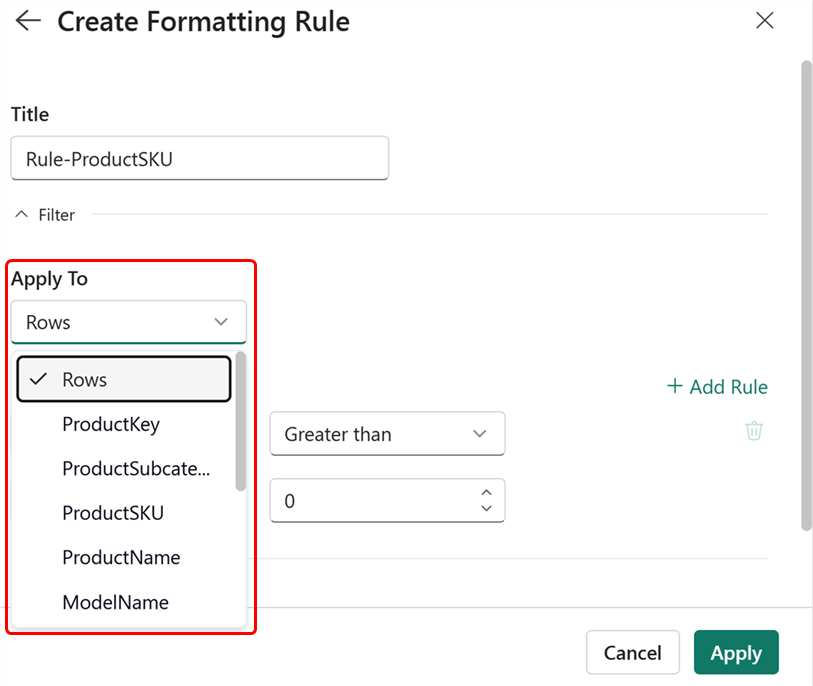 Screenshot of the apply to option in the create formatting rule side panel.