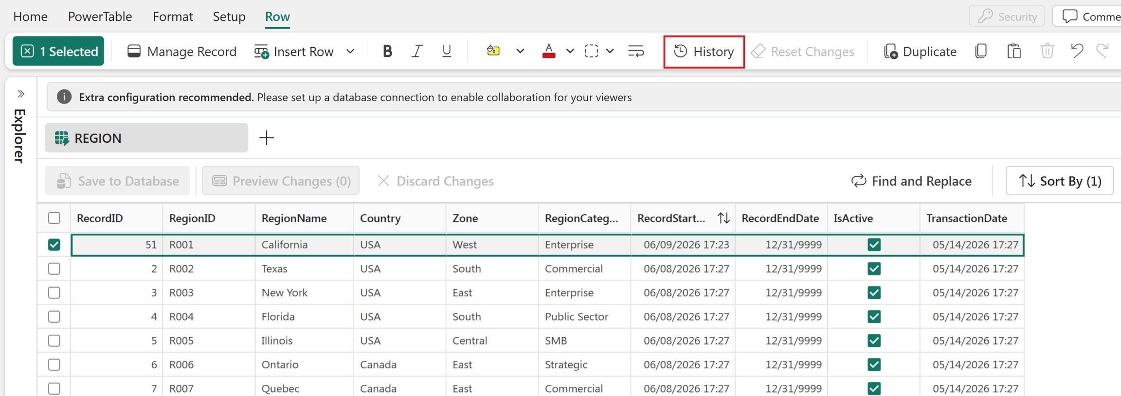 Screenshot of history option.