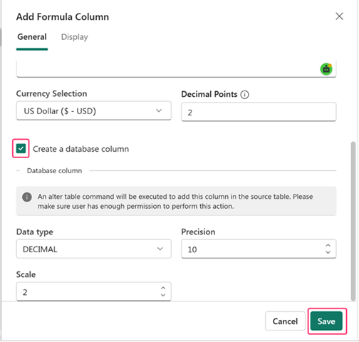 Screenshot of Add Formula Column pane with Create a database column checkbox selected and Save button highlighted.
