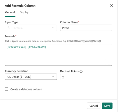 Screenshot showing US Dollar currency and Decimal Points set to 2 in formula column pane.