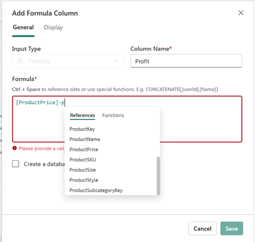 Screenshot of Add Formula Column pane showing Column Name Profit and formula input with References.
