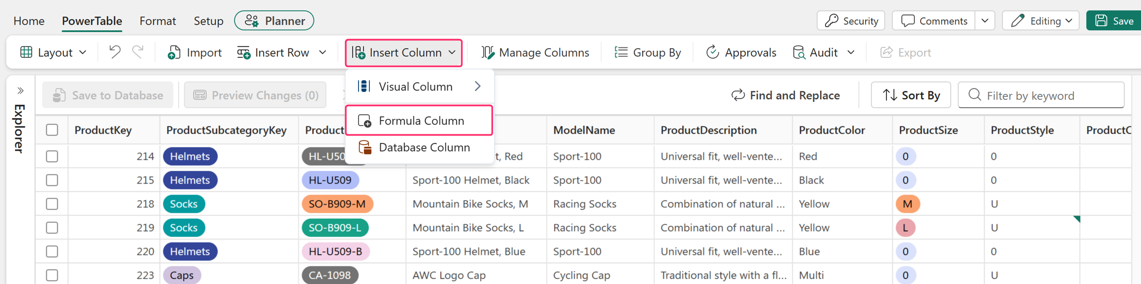 Screenshot of PowerTable ribbon showing Insert Column dropdown with Formula Column selected.