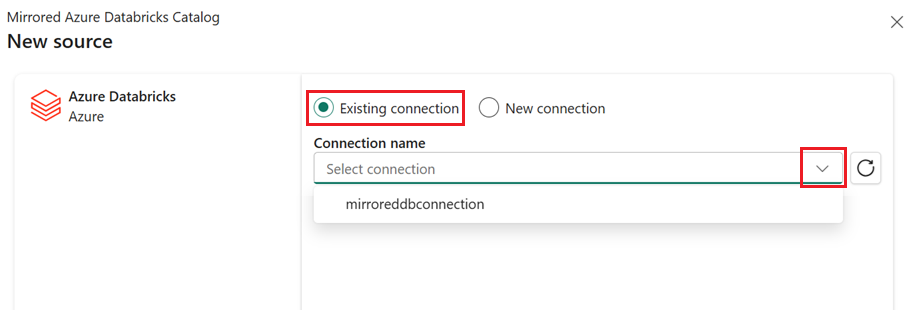 Screenshot that shows selecting an existing connection when creating a mirrored Azure Databricks catalog item.