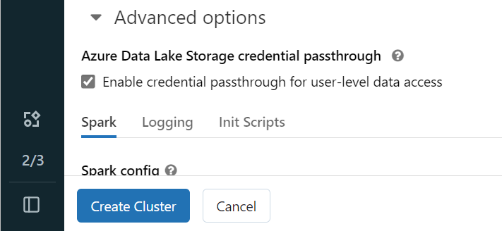 Screenshot showing where to select Create cluster in the Advanced options screen.