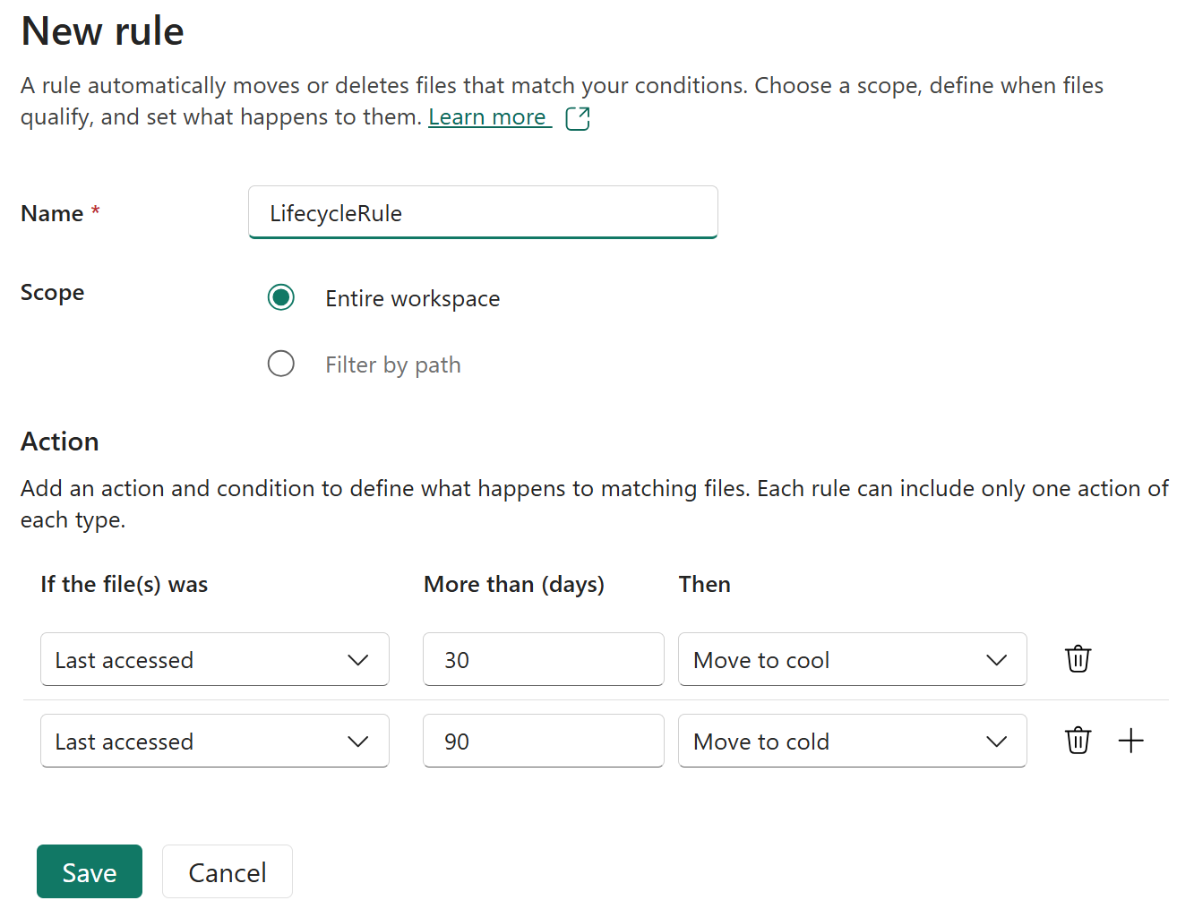 Screenshot that shows the lifecycle rule creation experience in the Fabric portal, showing the options for the rule's scope, actions, and conditions.