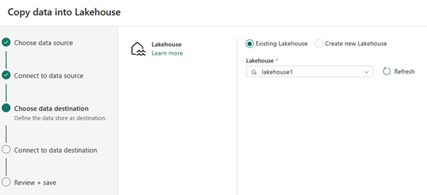 Screenshot showing how to select destination lakehouse.