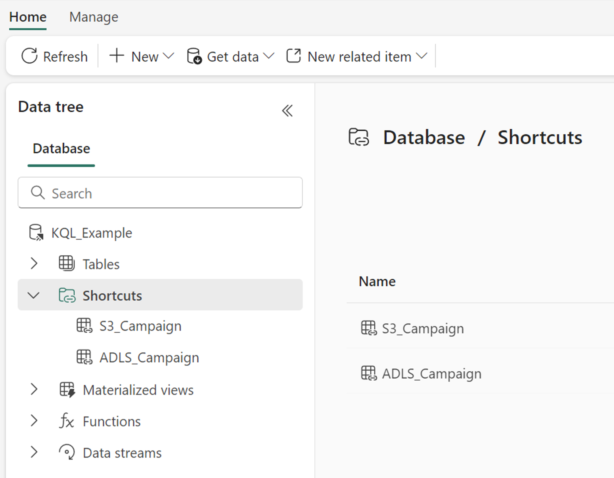 Screenshot of shortcuts inside a KQL database.