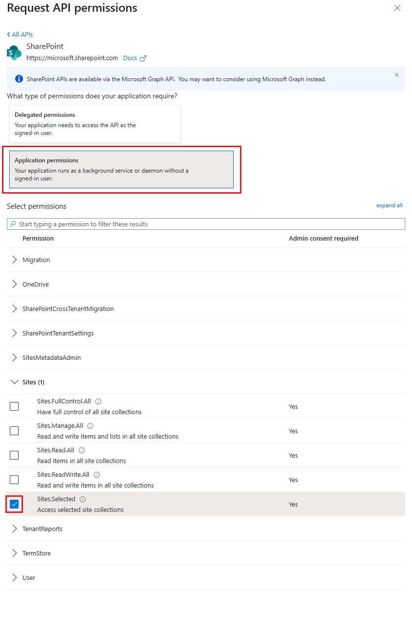 Screenshot of the Azure portal that shows selecting the Sites.Selected API permissions for SharePoint.