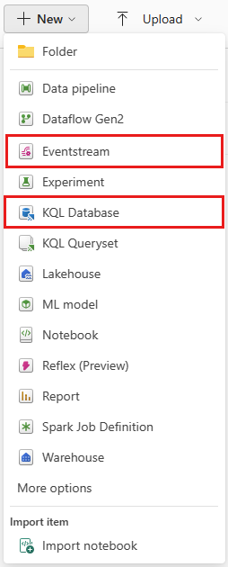 Screenshot that shows where to select Eventstream and Lakehouse from the New menu in the workspace.