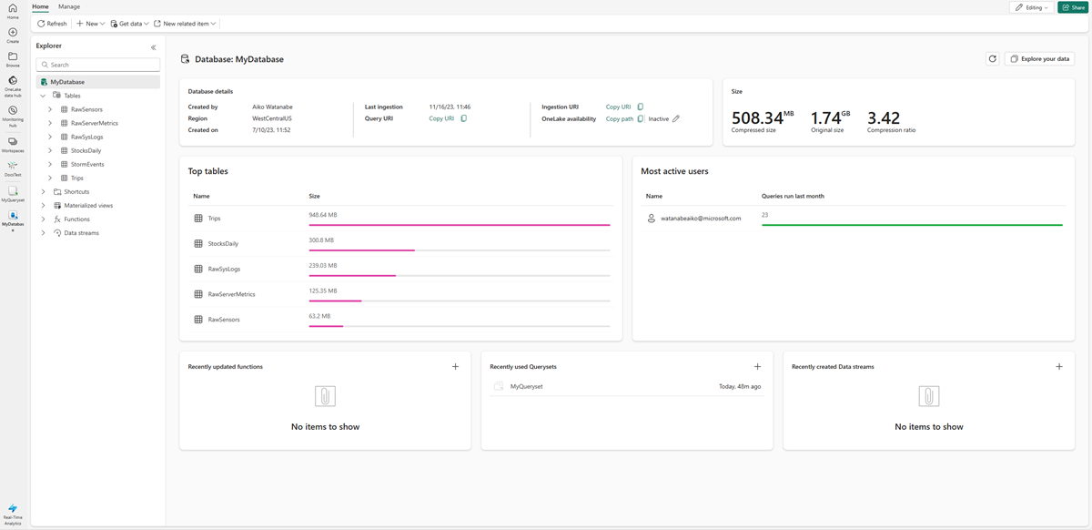 Screenshot of KQL database main page showing the database details cards.