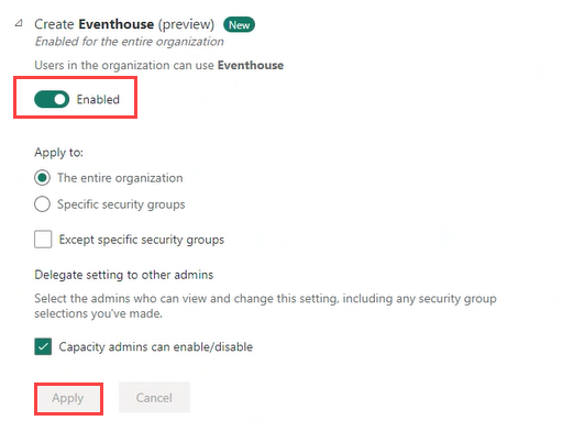 Screenshot of section of admin settings relating to enabling Eventhouse.