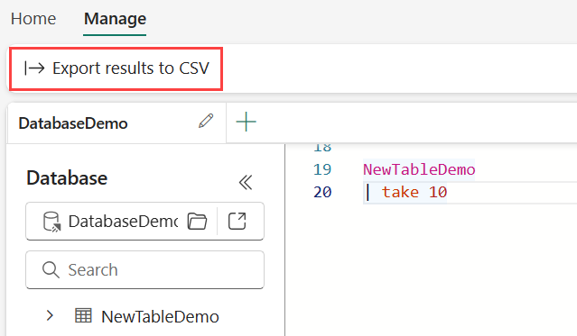 Screenshot of the Manage tab of the KQL Queryset showing the highlighted option to export results to CSV.
