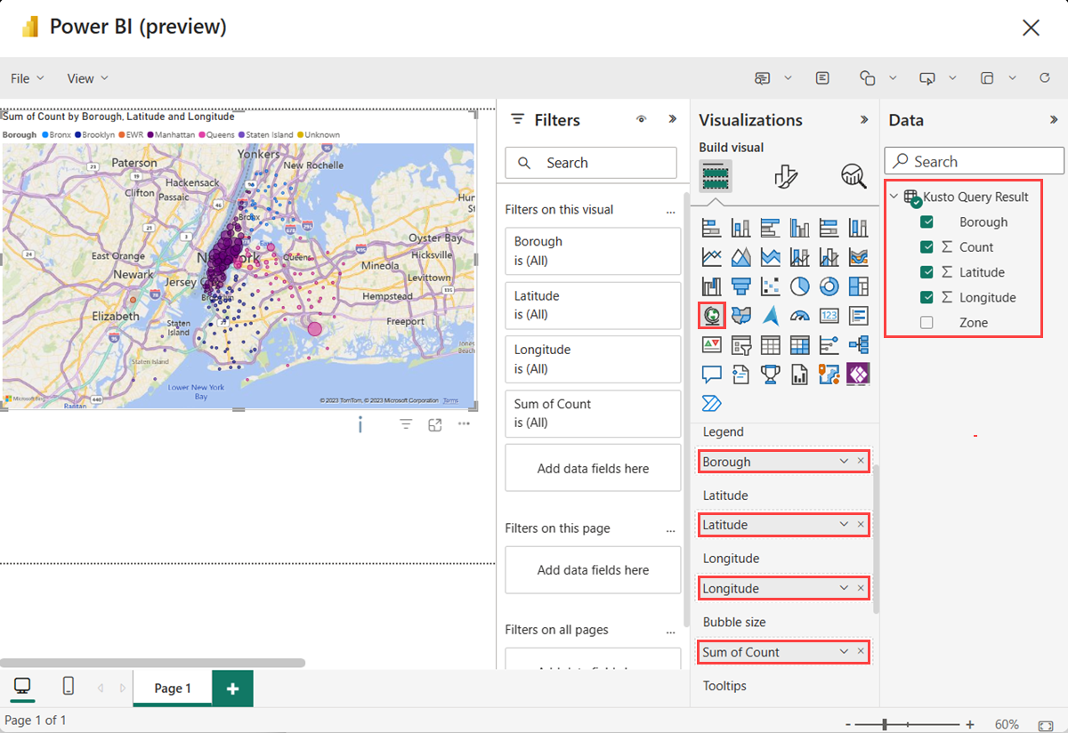 Screenshot of creating second Power BI report in Synapse Real-Time Analytics in Microsoft Fabric.