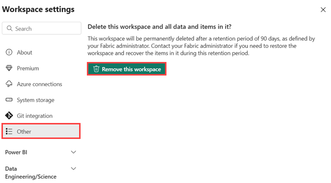 Screenshot showing how to remove a workspace in Synapse Real-Time Analytics in Microsoft Fabric.