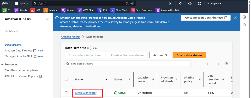 A screenshot of the Amazon Kinesis data stream screen.