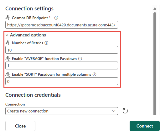 Screenshot that shows the advanced options to configure the Azure Cosmos DB connector.