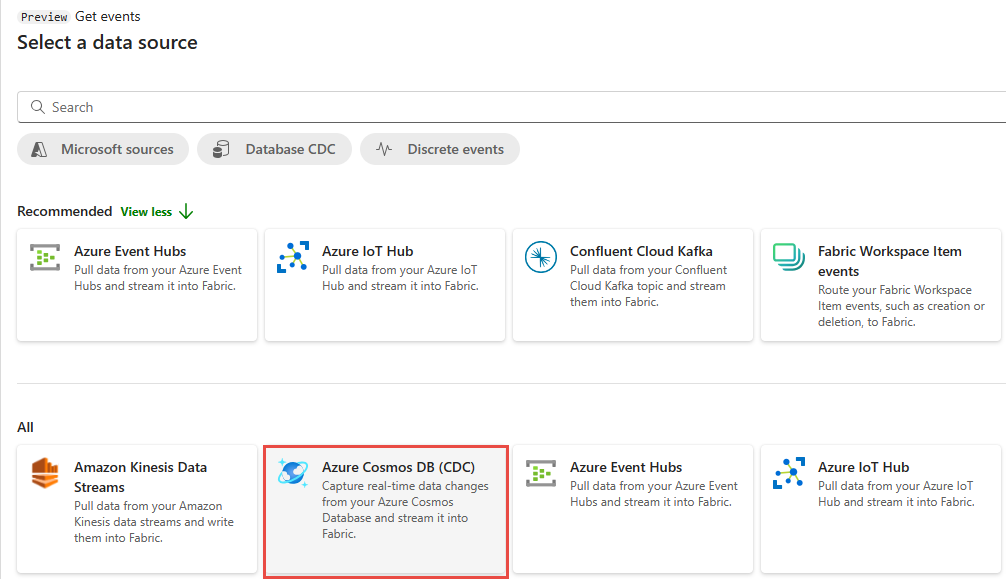 Screenshot that shows the Select a data source page with Azure Cosmos DB (CDC) selected.