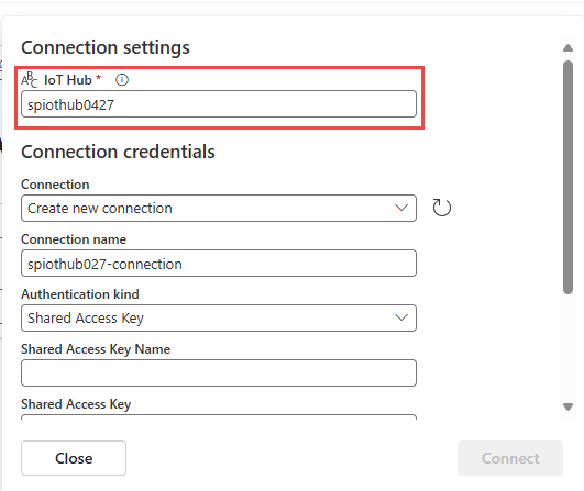 Screenshot that shows the connection settings for the IoT hub with the name of the IoT hub.