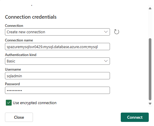 Screenshot that shows the Connection credentials section.