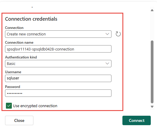 Screenshot that shows the Connection credentials section of the New connection page.