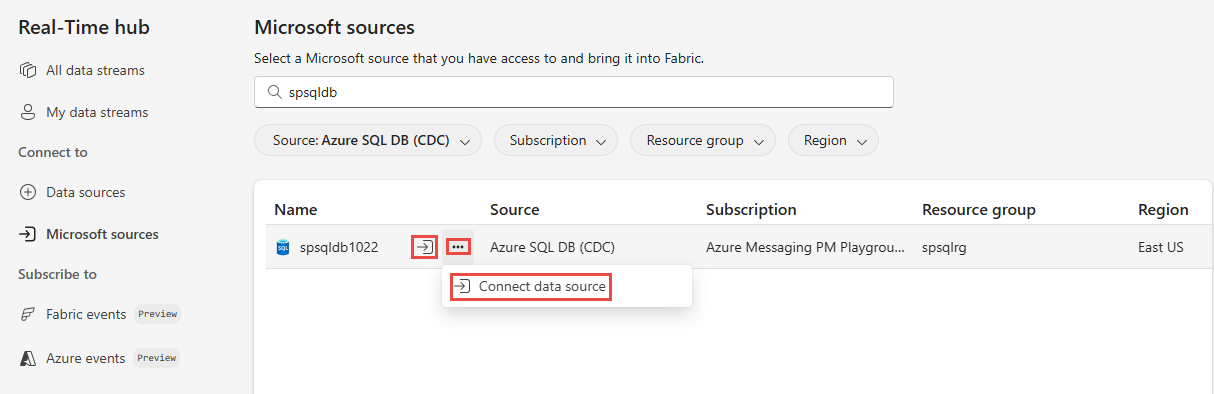 Screenshot that shows the Microsoft sources tab with filters to show SQL databases and the connect button for an Azure SQL database.