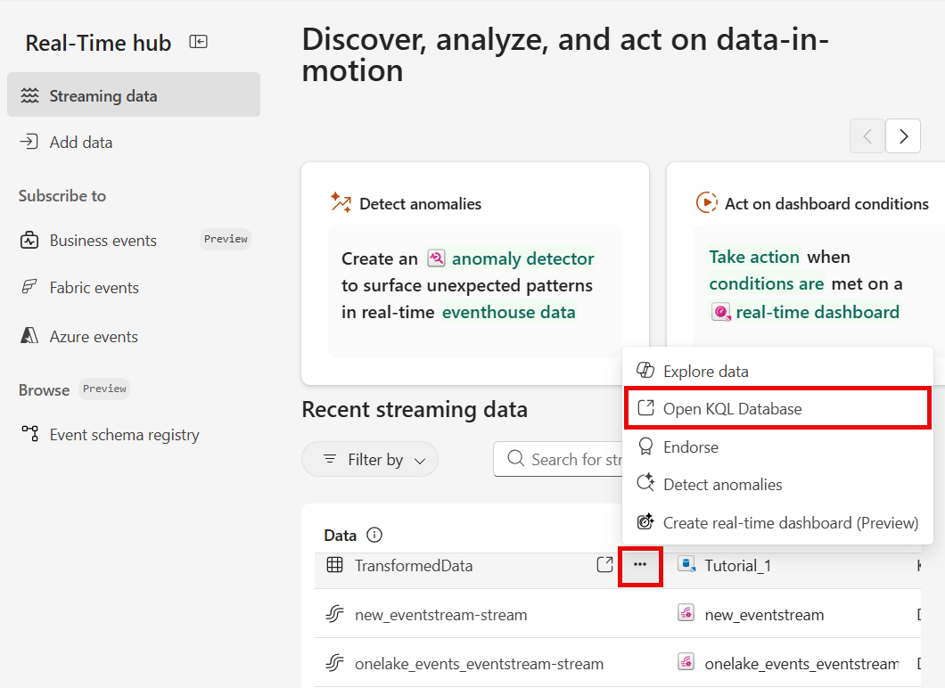 Screenshot that shows the Open KQL Database links for a stream of type Table.