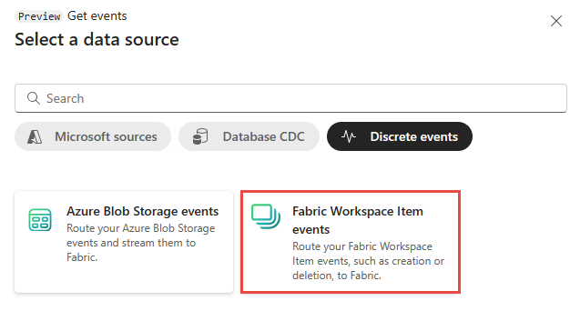 Screenshot that shows the Get events page with Fabric workspace item events selected.