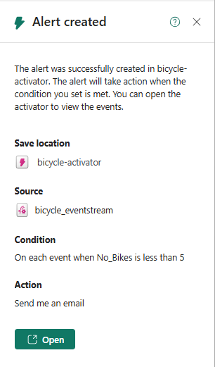 Screenshot that shows Alert created page.