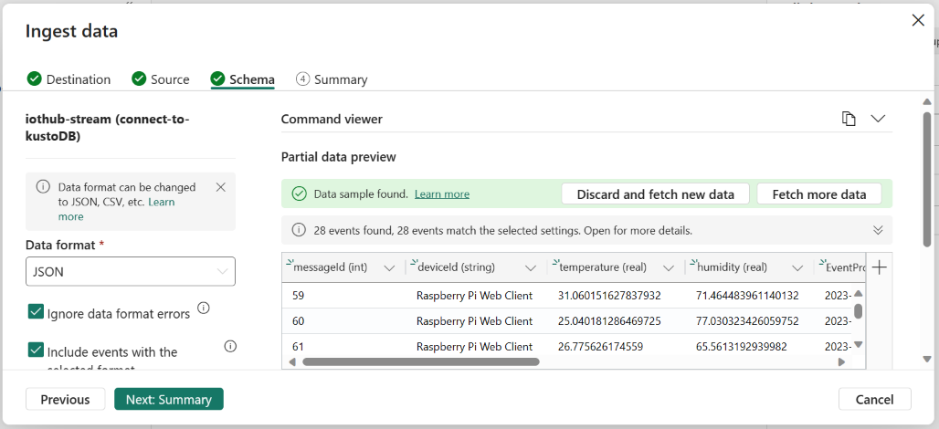 Screenshot that shows create a Kusto schema.