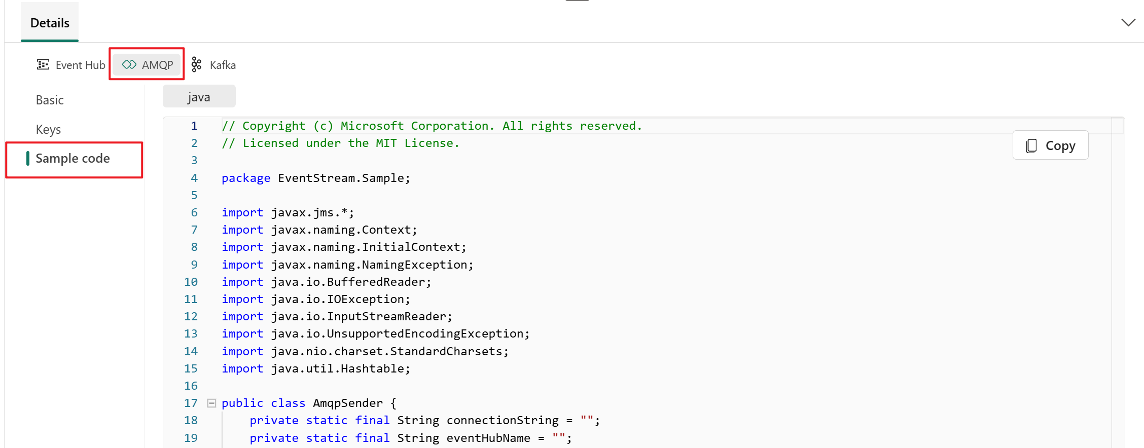 [A screenshot showing the amqp sample code in the Details pane of the eventstream Live view]