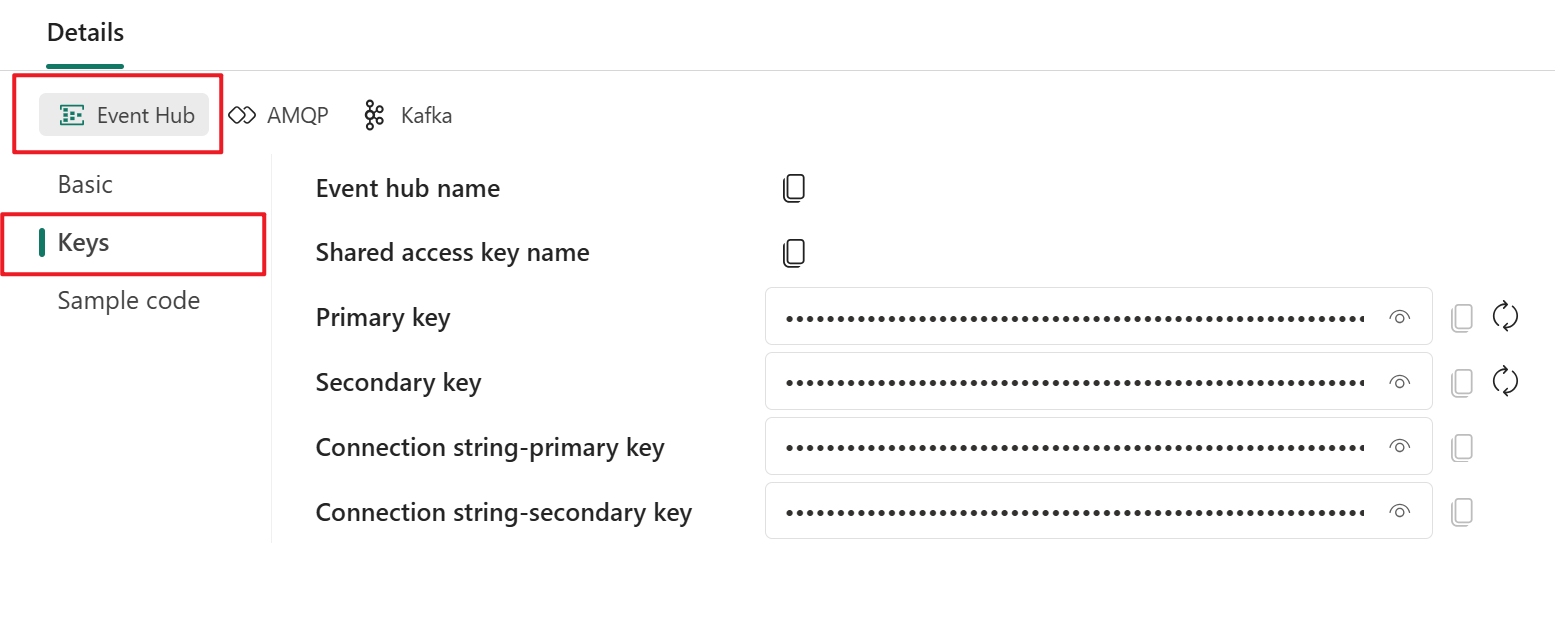 [A screenshot showing the Keys information in the Details pane of the eventstream Live view]