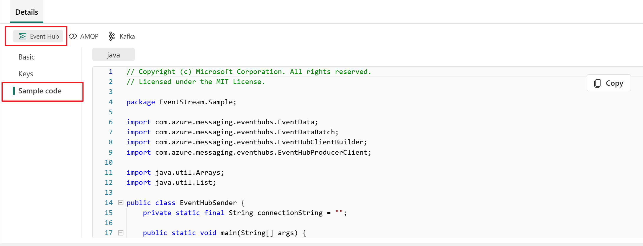 A screenshot showing the Sample code in the Details pane of the eventstream Live view.