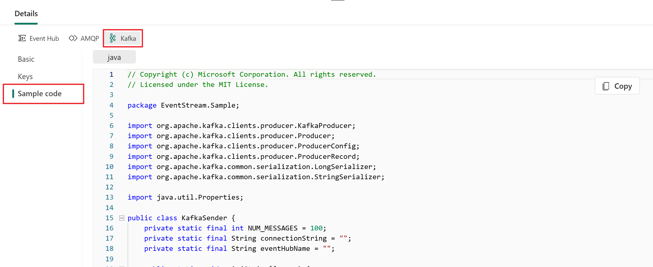 [A screenshot showing the kafka sample code in the Details pane of the eventstream Live view]