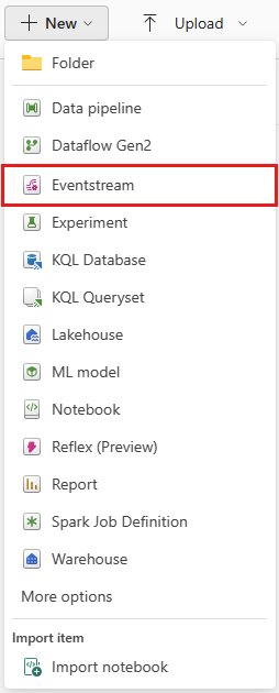 Screenshot showing where to find the eventstream option in the New menu on the Workspace page.