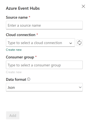 Screenshot showing the Azure Event Hubs source configuration.