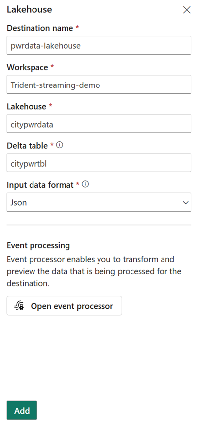 Screenshot showing the Lakehouse destination configuration screen.