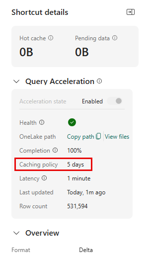 Screenshot of shortcut details page with the caching policy highlighted.