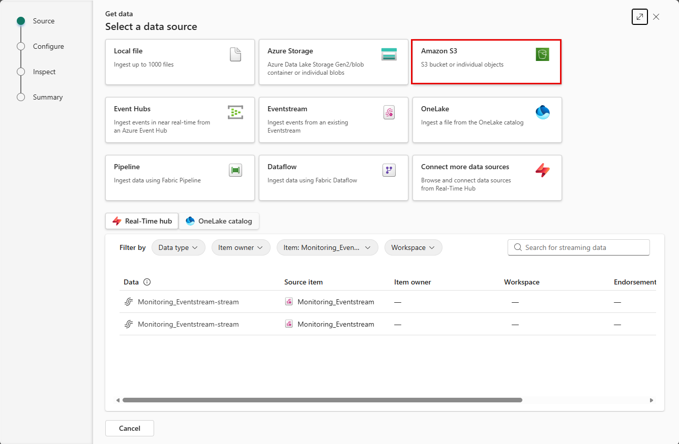Screenshot of the get data tiles with the Amazon S3 option highlighted.