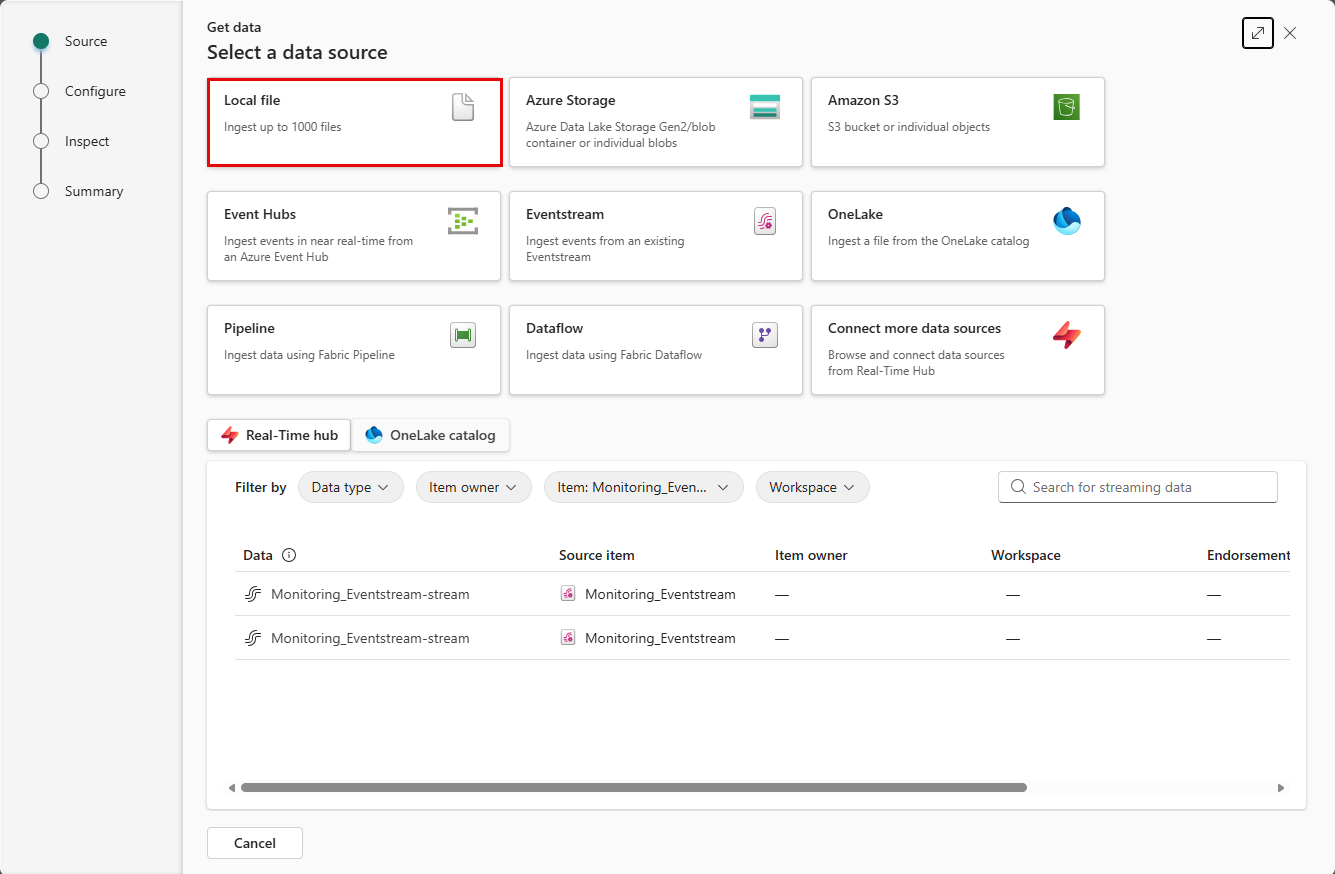 Screenshot of the get data tiles with the Local file option highlighted.