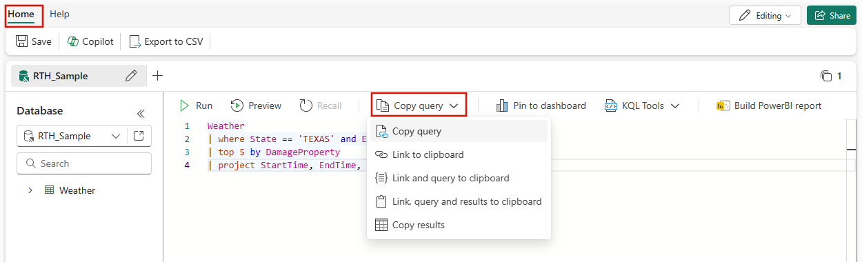Screenshot of the Manage tab of the KQL Queryset showing the dropdown of the copy query or query results option.