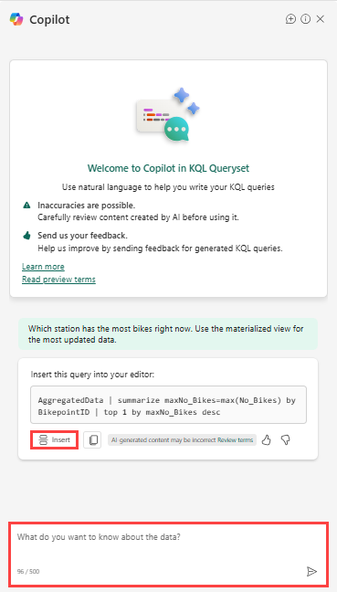 Screenshot of Copilot dialog showing a generated KQL query and the Insert button.
