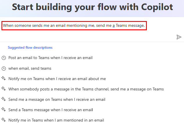 Screenshot of the Home page, where you can start building your flow with Copilot.
