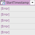 Screenshot of errors in StartTimestamp.