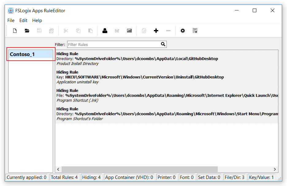 Screenshot of the FSLogix Apps Rule Editor screen having the named file now populating in the left pane, showing various rules.