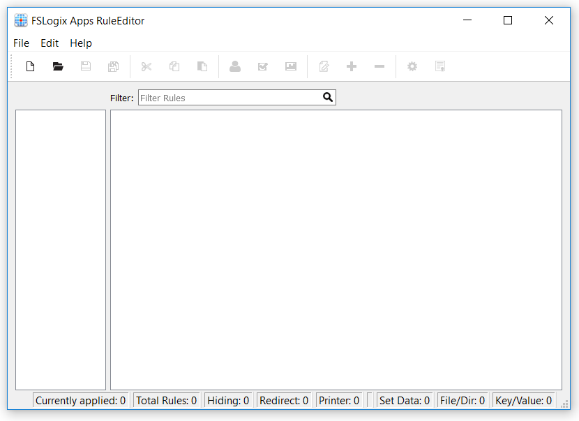Screenshot of the FSLogix Apps Rule Editor window with no apps currently populating the software, showing the File, Edit, and Help options.